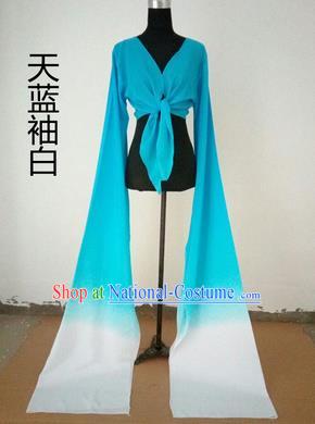 Traditional Chinese Long Sleeve Wide Water Sleeve Dance Suit China Folk Dance Koshibo Long White and Blue Gradient Ribbon for Women