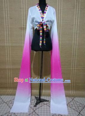 Traditional Chinese Long Sleeve Tibetan Nationality Water Sleeve Dance Suit China Folk Dance Koshibo Long White and Pink Gradient Ribbon for Women