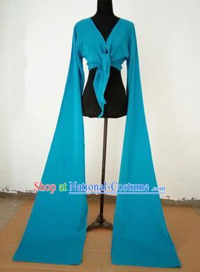 Traditional Chinese Long Sleeve Wide Water Sleeve Dance Suit China Folk Dance Koshibo Long Blue Ribbon for Women