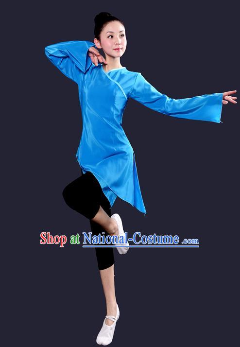 Traditional Chinese Yangge Fan Dancing Costume, China Folk Dance Yangko Dance Blue Dress For Women