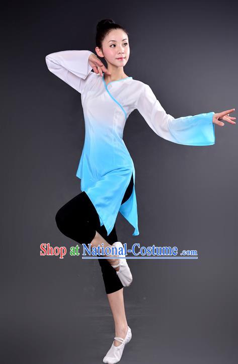 Traditional Chinese Yangge Fan Dancing Costume, China Folk Dance Yangko Dance Light Blue Dress For Women