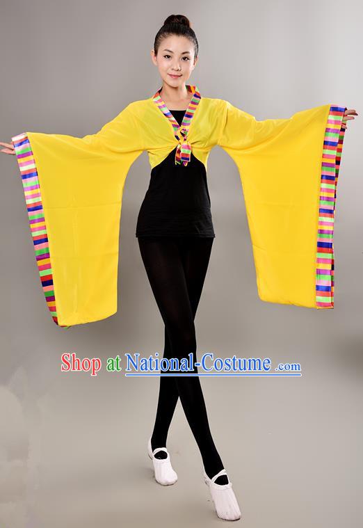 Traditional Chinese Tibetan Nationality Wide Sleeve Water Sleeve Dance Suit China Folk Dance Koshibo Yellow Blouse for Women