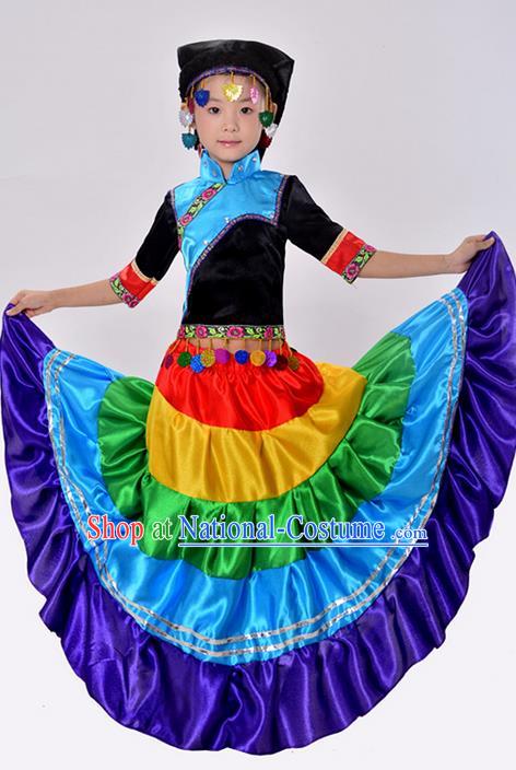 Traditional Chinese Yi Nationality Dancing Costume, Torch Festival Folk Dance Ethnic Pleated Skirt, Chinese Minority Nationality Costume for Kids