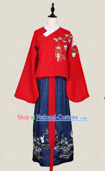 Traditional Ancient Chinese Female Costume Woolen Blouse and Skirt Complete Set, Elegant Hanfu Clothing Chinese Ming Dynasty Palace Lady Embroidered Begonia Crane Clothing for Women