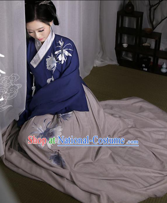 Traditional Ancient Chinese Female Costume Navy Blouse and Dress Complete Set, Elegant Hanfu Clothing Chinese Ming Dynasty Palace Princess Embroidered Epiphyllum Clothing for Women