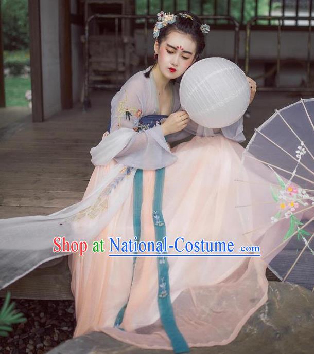 Traditional Ancient Chinese Female Costume Blouse and Dress Complete Set, Elegant Hanfu Clothing Chinese Tang Dynasty Palace Princess Embroidered Clothing for Women