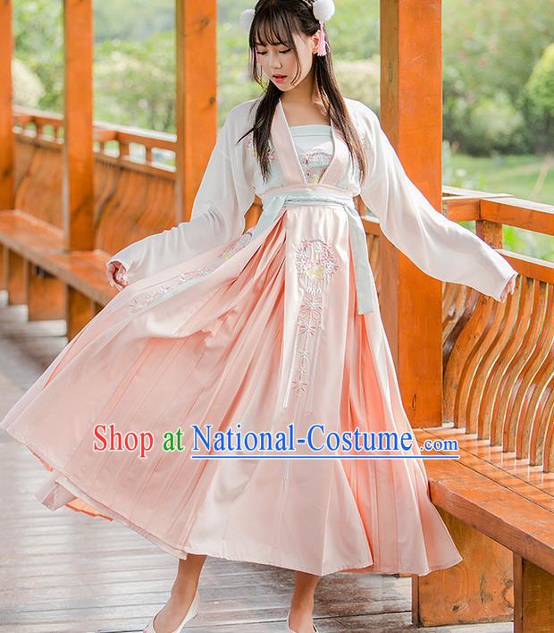 Traditional Ancient Chinese Female Costume Blouse and Dress Complete Set, Elegant Hanfu Clothing Chinese Song Dynasty Palace Princess Embroidered Flowers Clothing for Women