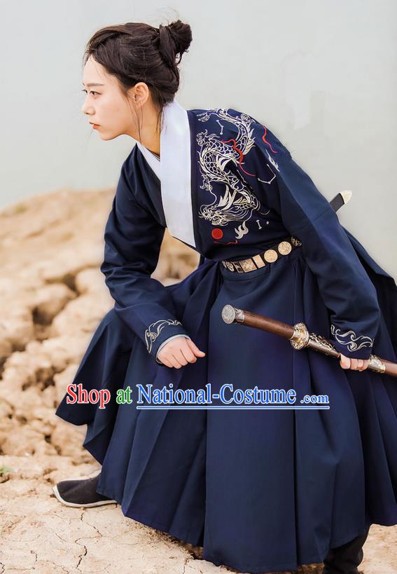 Traditional Ancient Chinese Female Swordsman Costume Complete Set, Elegant Hanfu Clothing Chinese Ming Dynasty Palace Imperial Bodyguard Embroidered Dragon Navy Clothing for Women