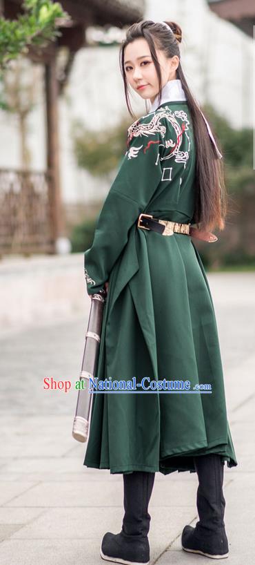 Traditional Ancient Chinese Female Swordsman Costume Complete Set, Elegant Hanfu Clothing Chinese Ming Dynasty Palace Imperial Bodyguard Embroidered Dragon Deep Green Clothing for Women