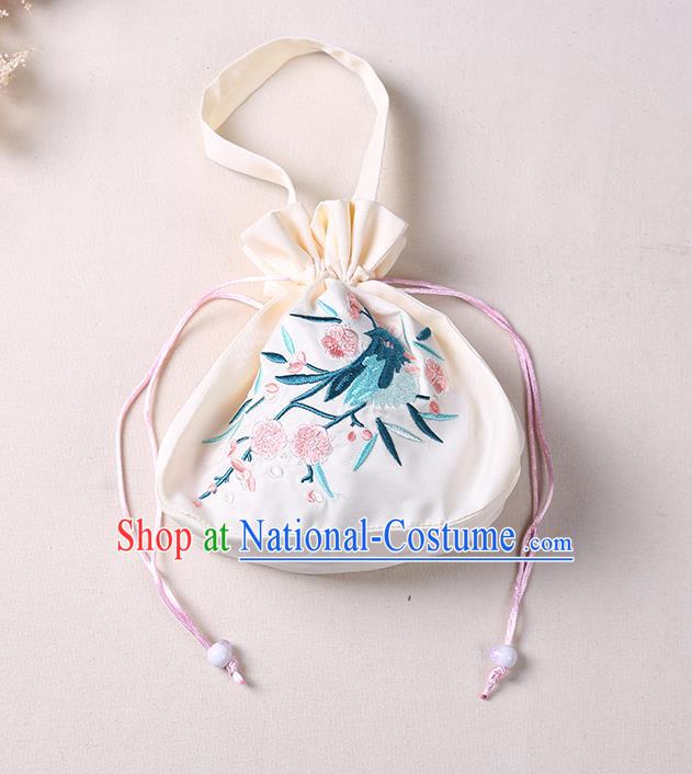 Traditional Ancient Chinese Embroidered Handbags Hanfu Embroidered Bird Flowers Round Beige Bag for Women