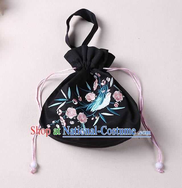 Traditional Ancient Chinese Embroidered Handbags Hanfu Embroidered Bird Flowers Round Black Bag for Women