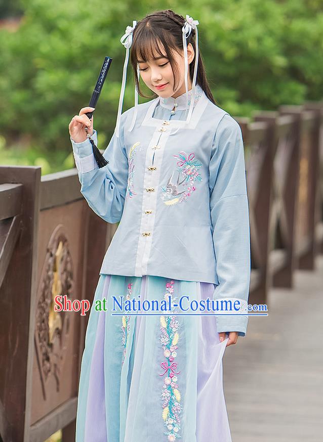 Traditional Ancient Chinese Female Costume Blue Blouse and Dress Complete Set, Elegant Hanfu Clothing Chinese Ming Dynasty Palace Princess Embroidered Swallow Clothing for Women