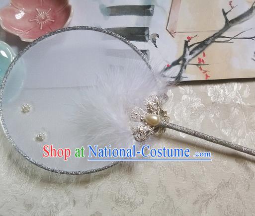 Traditional Chinese Handmade Ancient Hanfu Cosplay Red Feather Crystal Round Fan Props for Women