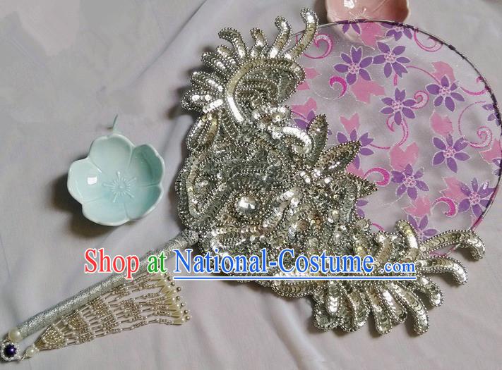 Traditional Chinese Handmade Ancient Hanfu Cosplay Crystal Round Fan Props for Women