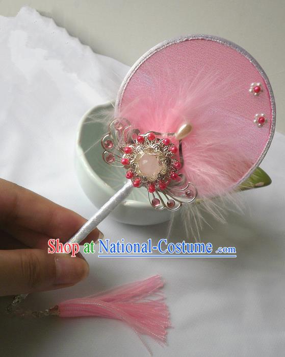 Traditional Chinese Handmade Ancient Hanfu Cosplay Pink Feather Round Fan Props for Women