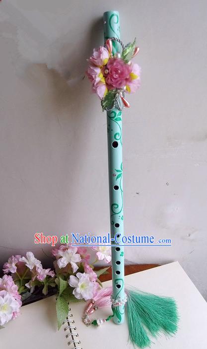 Traditional Handmade Chinese Ancient Green Flowers Gradient Tassel Flute for Women