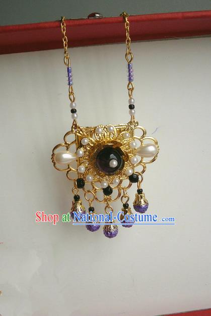 Traditional Handmade Chinese Ancient Classical Accessories Necklace Purple Pearl Longevity Lock for Women