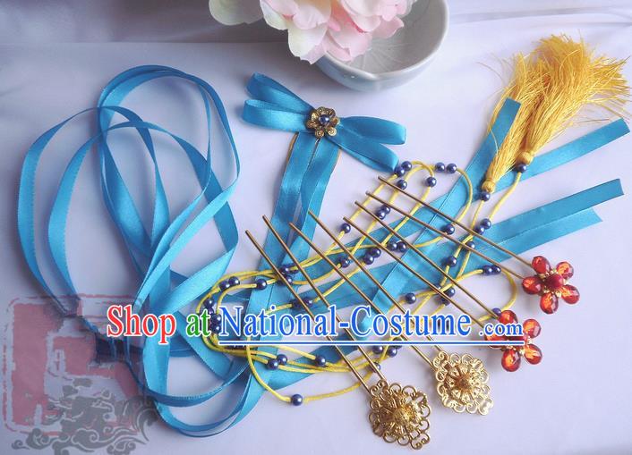 Traditional Handmade Chinese Ancient Classical Blue Bowknot Hair Accessories Complete Set, Hair Sticks Tassel Hair Jewellery, Hair Fascinators Hairpins for Women