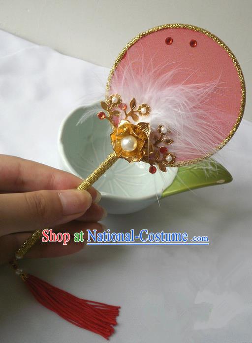 Traditional Chinese Handmade Ancient Hanfu Pink Plush Little Fan Props