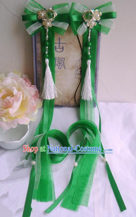 Traditional Handmade Chinese Ancient Classical Green Bowknot Hair Accessories, Hair Sticks Tassel Hair Jewellery, Hair Fascinators Hairpins for Women