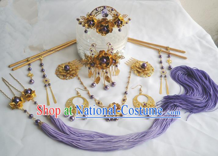 Traditional Handmade Chinese Ancient Classical Violet Gold Hair Accessories Earrings and Necklace Complete Set, Hair Sticks Butterfly Hair Jewellery, Hair Fascinators Hairpins for Women