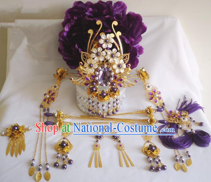 Traditional Handmade Chinese Ancient Classical Purple Hair Accessories Earrings and Necklace Complete Set, Hair Crown Flowers Hair Jewellery, Hair Fascinators Hairpins for Women