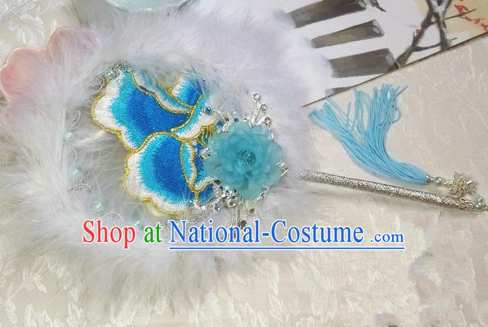 Traditional Chinese Handmade Ancient Hanfu Cosplay Blue Feather Embroidered Flowers Round Fan Props for Women