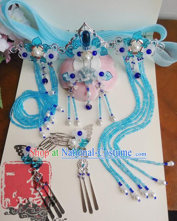 Traditional Handmade Chinese Ancient Classical Blue Flowers Hair Accessories Complete Set, Hair Sticks Tassel Hair Jewellery, Hair Fascinators Hairpins for Women