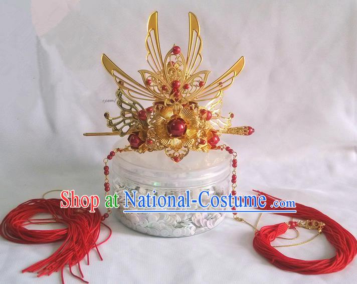 Traditional Handmade Chinese Ancient Classical Hair Accessories Male Wedding Hairdo Crown, Hair Sticks Hair Jewellery, Hair Tassel Hairpins for Men