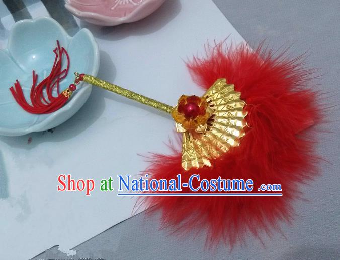 Traditional Chinese Handmade Ancient Hanfu Cosplay Red Feather Little Fan Props