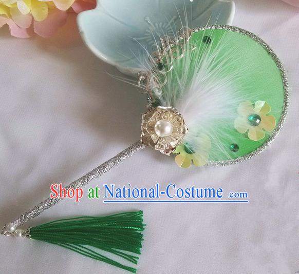 Traditional Chinese Handmade Ancient Hanfu Cosplay Green Feather Little Round Fan Props