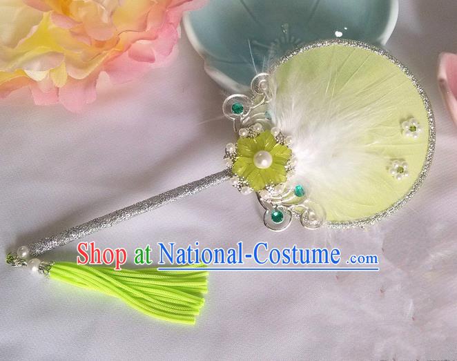 Traditional Chinese Handmade Ancient Hanfu Cosplay Yellow Feather Little Round Fan Props