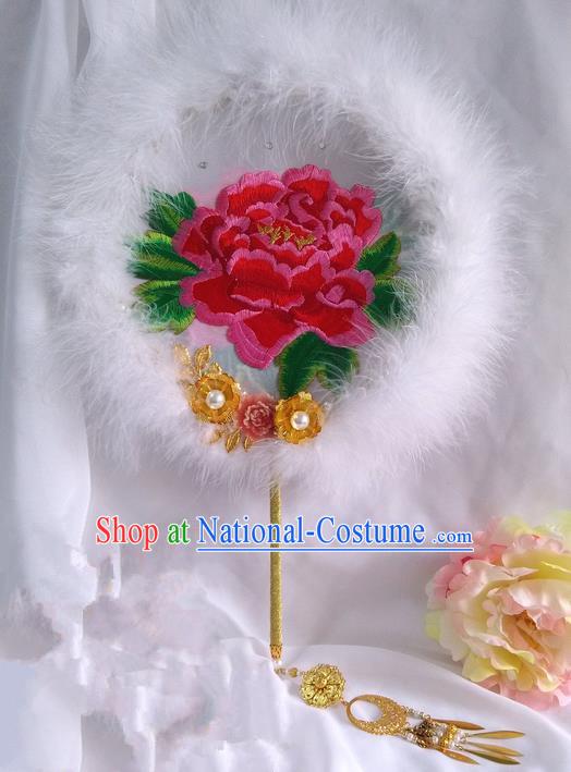 Traditional Chinese Handmade Ancient Hanfu Cosplay Round Embroidered Peony White Fan Props for Women