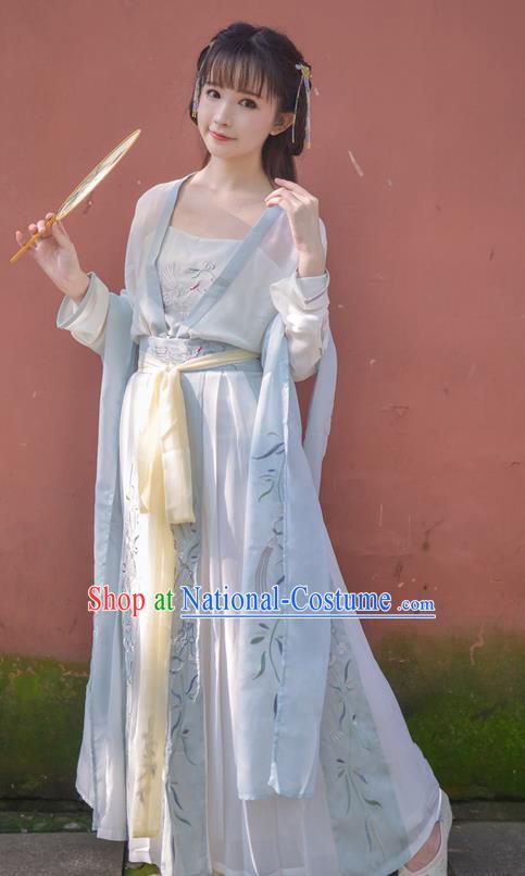 Traditional Ancient Chinese Female Costume Blouse and Dress Complete Set, Elegant Hanfu Clothing Chinese Tang Dynasty Palace Princess Embroidered Crane Clothing for Women