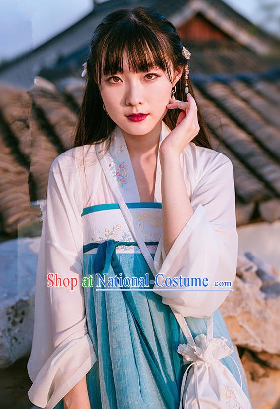 Traditional Ancient Chinese Female Costume Blue Blouse and Dress Complete Set, Elegant Hanfu Clothing Chinese Tang Dynasty Embroidered Palace Princess Clothing for Women