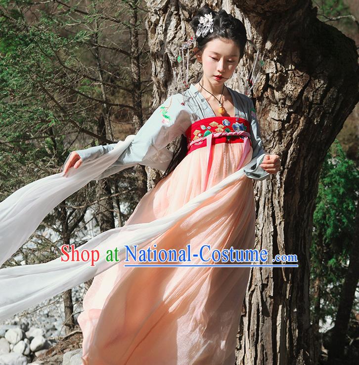 Traditional Ancient Chinese Female Costume Blouse and Dress Complete Set, Elegant Hanfu Clothing Chinese Tang Dynasty Embroidering Flower Palace Princess Clothing for Women