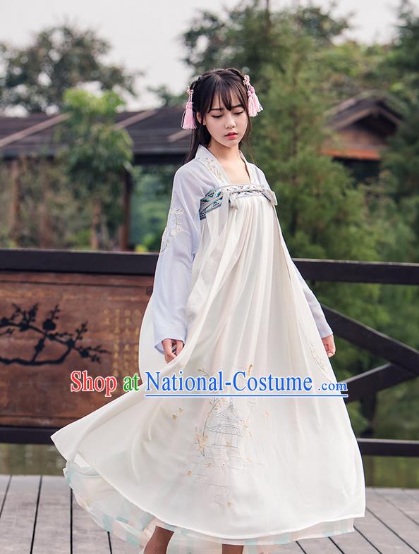 Traditional Ancient Chinese Female Costume Blouse and Dress Complete Set, Elegant Hanfu Clothing Chinese Tang Dynasty Embroidering Pavilions Palace Princess Clothing for Women