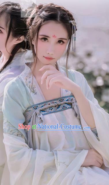 Traditional Ancient Chinese Female Costume Blouse and Dress Complete Set, Elegant Hanfu Clothing Chinese Tang Dynasty Embroidering Pavilions Palace Princess Light Green Clothing for Women