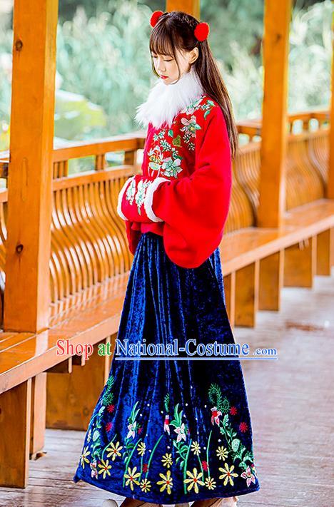 Traditional Ancient Chinese Female Costume Woolen Red Blouse and Blue Dress Complete Set, Elegant Hanfu Clothing Chinese Ming Dynasty Palace Princess Embroidered Clothing for Women