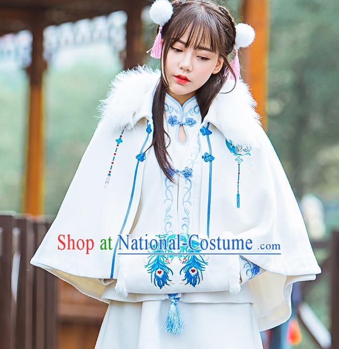 Traditional Ancient Chinese Female Costume Woolen Blue and White Porcelain Cardigan, Elegant Hanfu Short Cloak Chinese Ming Dynasty Palace Lady Embroidered Hooded Cape Clothing for Women