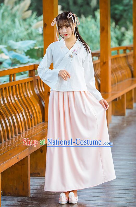 Traditional Ancient Chinese Female Costume Blue Blouse and Pink Dress Complete Set, Elegant Hanfu Clothing Chinese Ming Dynasty Palace Princess Embroidered Clothing for Women