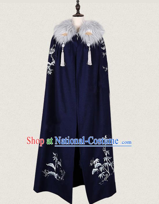 Traditional Ancient Chinese Female Costume Woolen Cardigan, Elegant Hanfu Long Cloak Chinese Ming Dynasty Palace Lady Embroidered Bamboo Navy Cape Clothing for Women