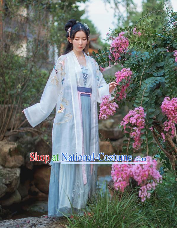 Traditional Ancient Chinese Female Costume Cardigan Blouse and Dress Complete Set, Elegant Hanfu Clothing Chinese Tang Dynasty Embroidered Colorful Butterfly Palace Princess Clothing for Women