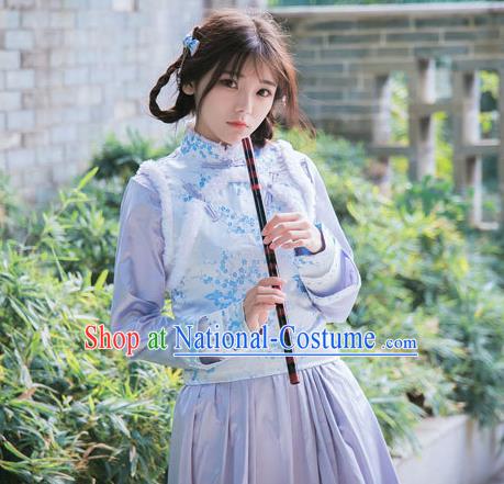 Traditional Ancient Chinese Female Costume Improved Vest, Elegant Hanfu Clothing Chinese Qing Dynasty Manchu Embroidered Blue Vests Clothing for Women