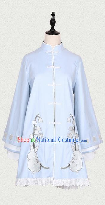 Traditional Ancient Chinese Female Costume Blue Long Blouse, Elegant Hanfu Clothing Chinese Song Dynasty Palace Princess Embroidered Convallaria Majalis Coat for Women