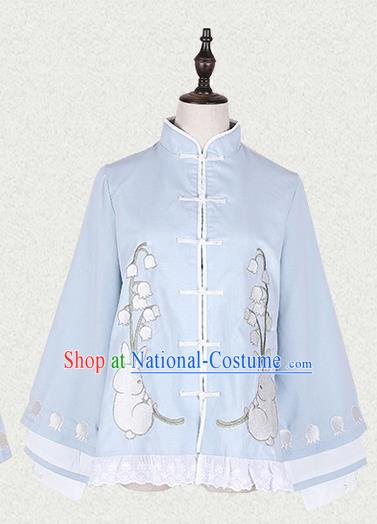 Traditional Ancient Chinese Female Costume Blue Short Blouse, Elegant Hanfu Clothing Chinese Song Dynasty Palace Princess Embroidered Convallaria Majalis Coat for Women