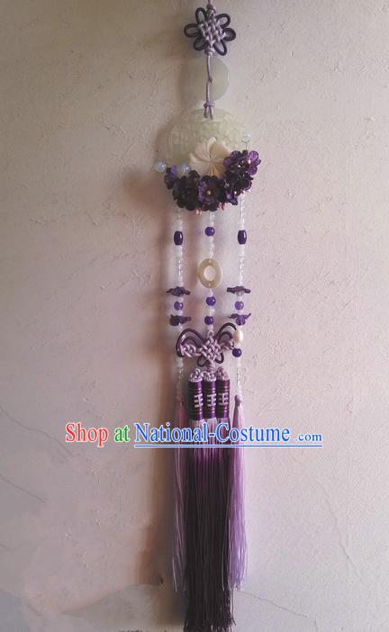 Traditional Chinese Handmade Ancient Hanfu Waist Jewelry Jade Wearing Purple Agate Flowers Pendant Sword Tassel for Women