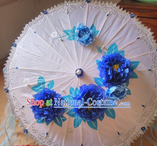 Traditional Chinese Handmade Ancient Hanfu Dance Blue Flowers Umbrella Props for Women