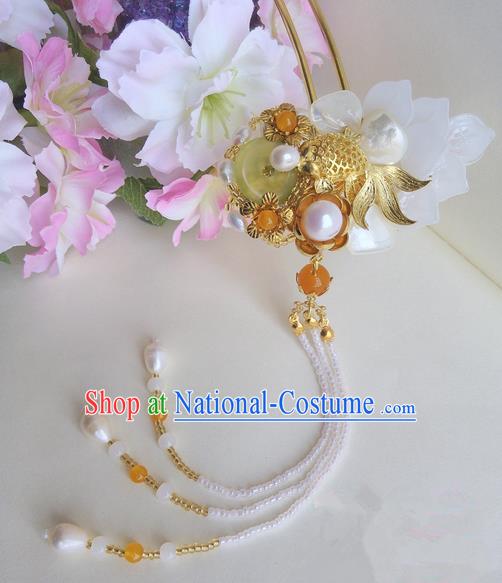 Traditional Handmade Chinese Ancient Princess Classical Accessories Jewellery Pure Copper Coloured Glaze Hair Sticks Pearl Hair Jewellery, Hair Fascinators Hairpins for Women