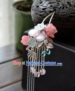 Traditional Handmade Chinese Ancient Princess Classical Hanfu Accessories Jewellery Pink Coloured Glaze Hair Sticks Hair Jewellery, Tassel Hair Fascinators Hairpins for Women